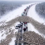 On the highway, drivers became witnesses to a Christmas miracle: thousands of reindeer ran onto the road, instantly creating a massive traffic jam: But when it became clear where the reindeer were running and what they were fleeing from, people were left in complete shock 😲😱