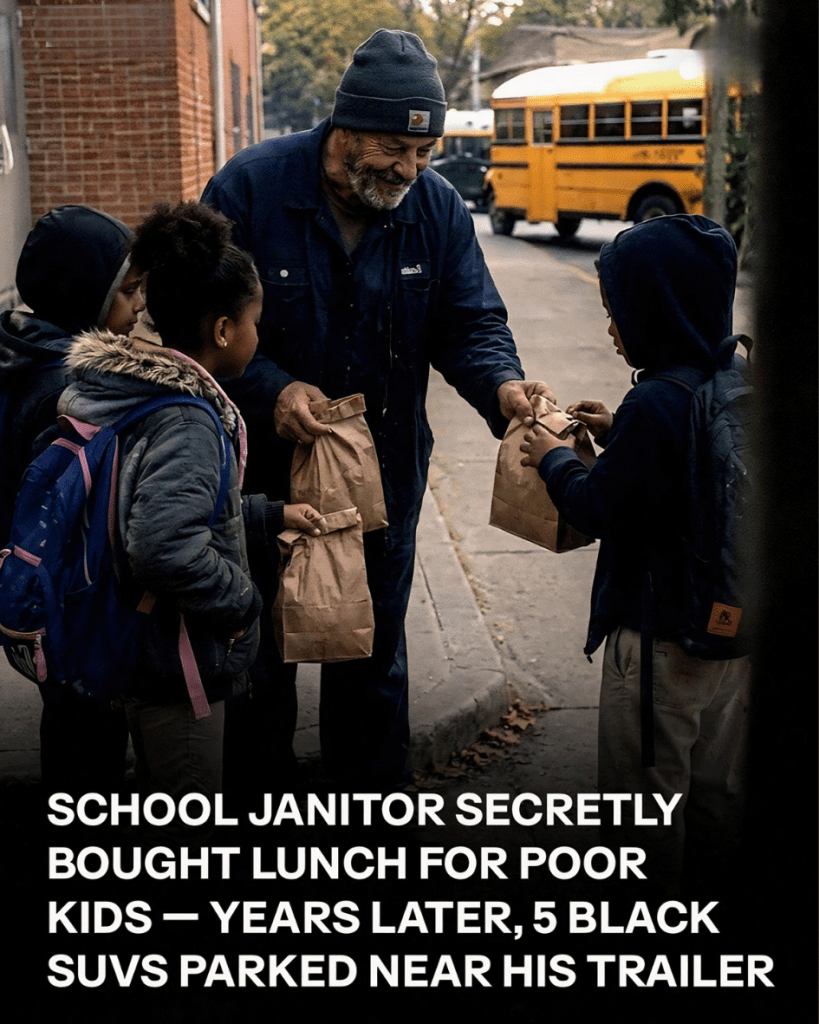 The School Janitor’s Quiet Kindness Changed Lives – Years Later, 5 Black SUVs Parked near His Trailer